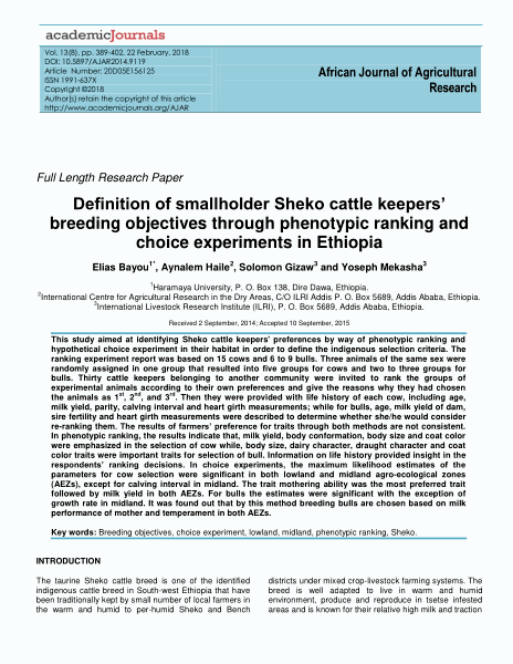 Definition of smallholder Sheko cattle keepers’ breeding objectives ...