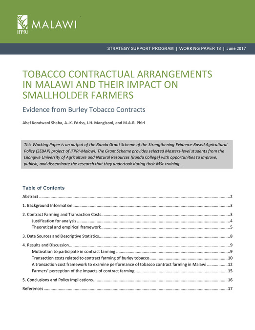 tobacco contracts Tobacco contractual arrangements in Malawi and their impact on smallholder  farmers: Evidence from Burley Tobacco contracts